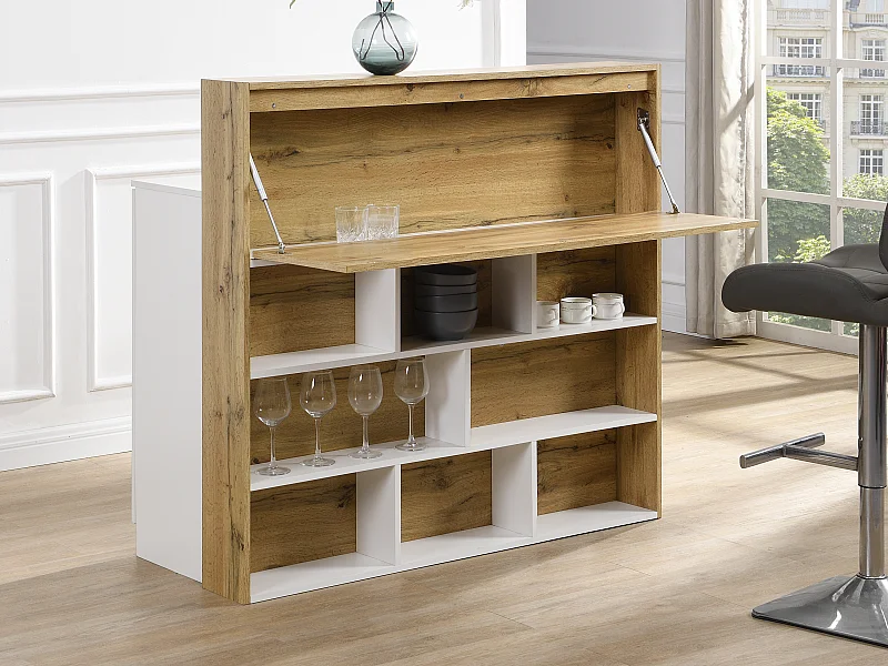 Meuble de bar avec 2 portes et 1 tiroir en MDF - Blanc et Naturel - LAMONIA