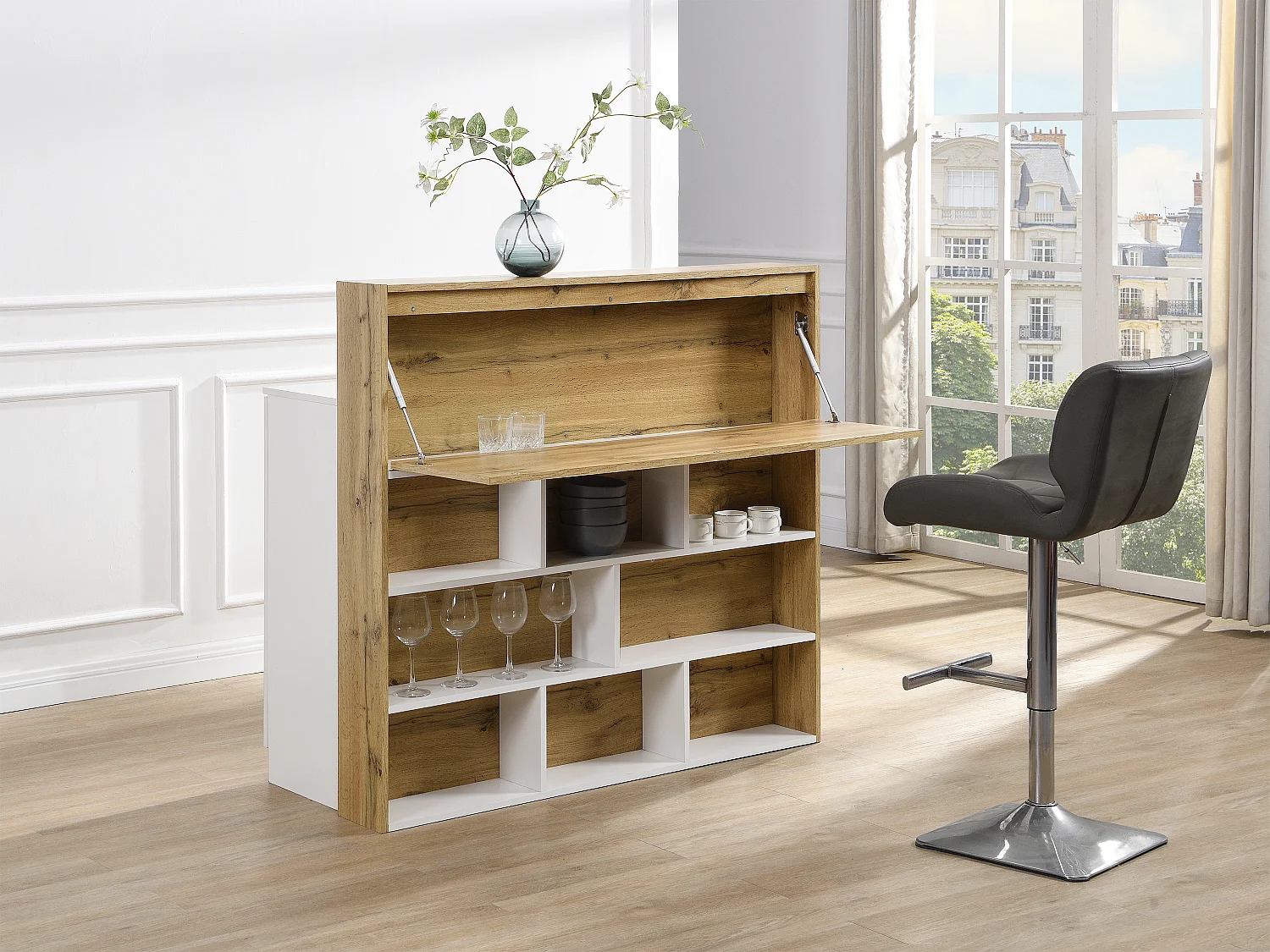 Meuble de bar avec 2 portes et 1 tiroir en MDF - Blanc et Naturel - LAMONIA