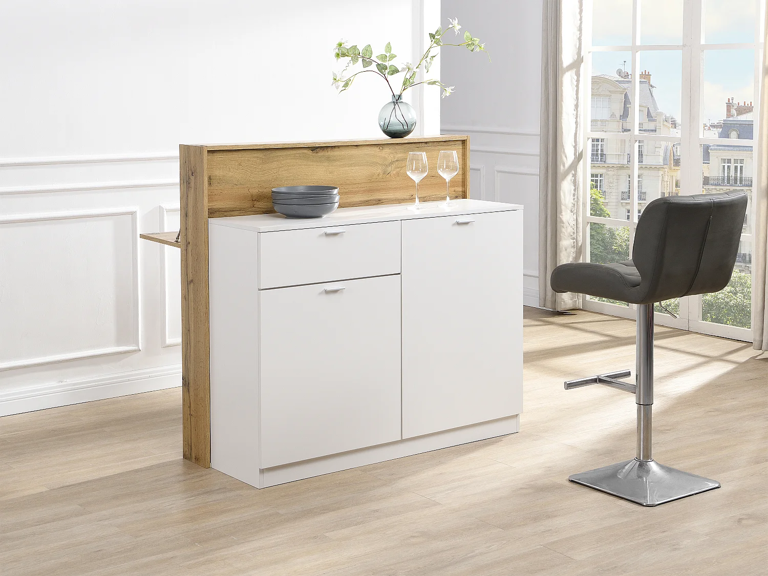 Meuble de bar avec 2 portes et 1 tiroir en MDF - Blanc et Naturel - LAMONIA