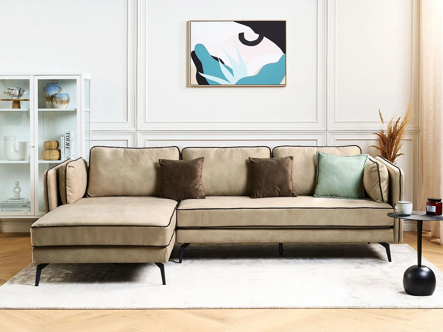 Canapé d'Angle en Velours Beige 3 Places Rembourré Pieds en Métal Altan