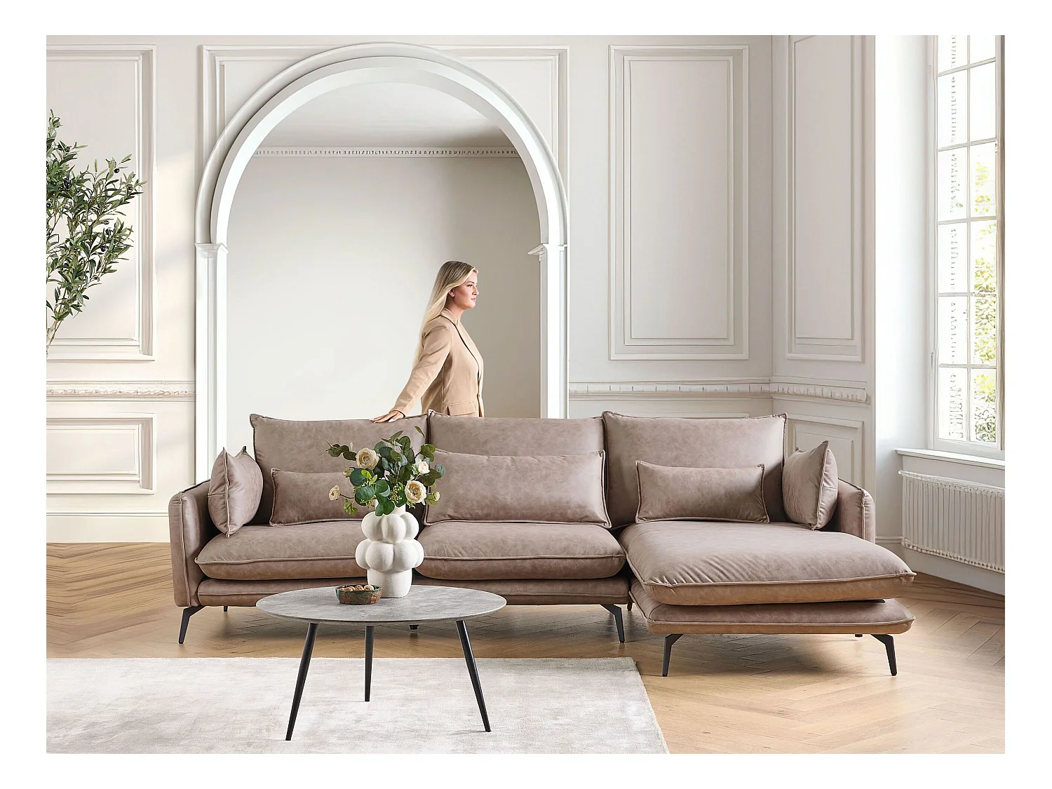 Canapé d'Angle Côté droite en Cuir PU Marron Clair 3 Places Rembourré Pieds Métal Gallo