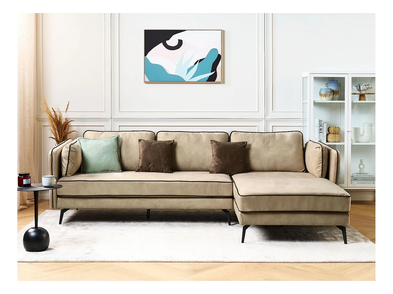 Canapé d'Angle en Velours Beige 3 Places Rembourré Pieds en Métal Altan