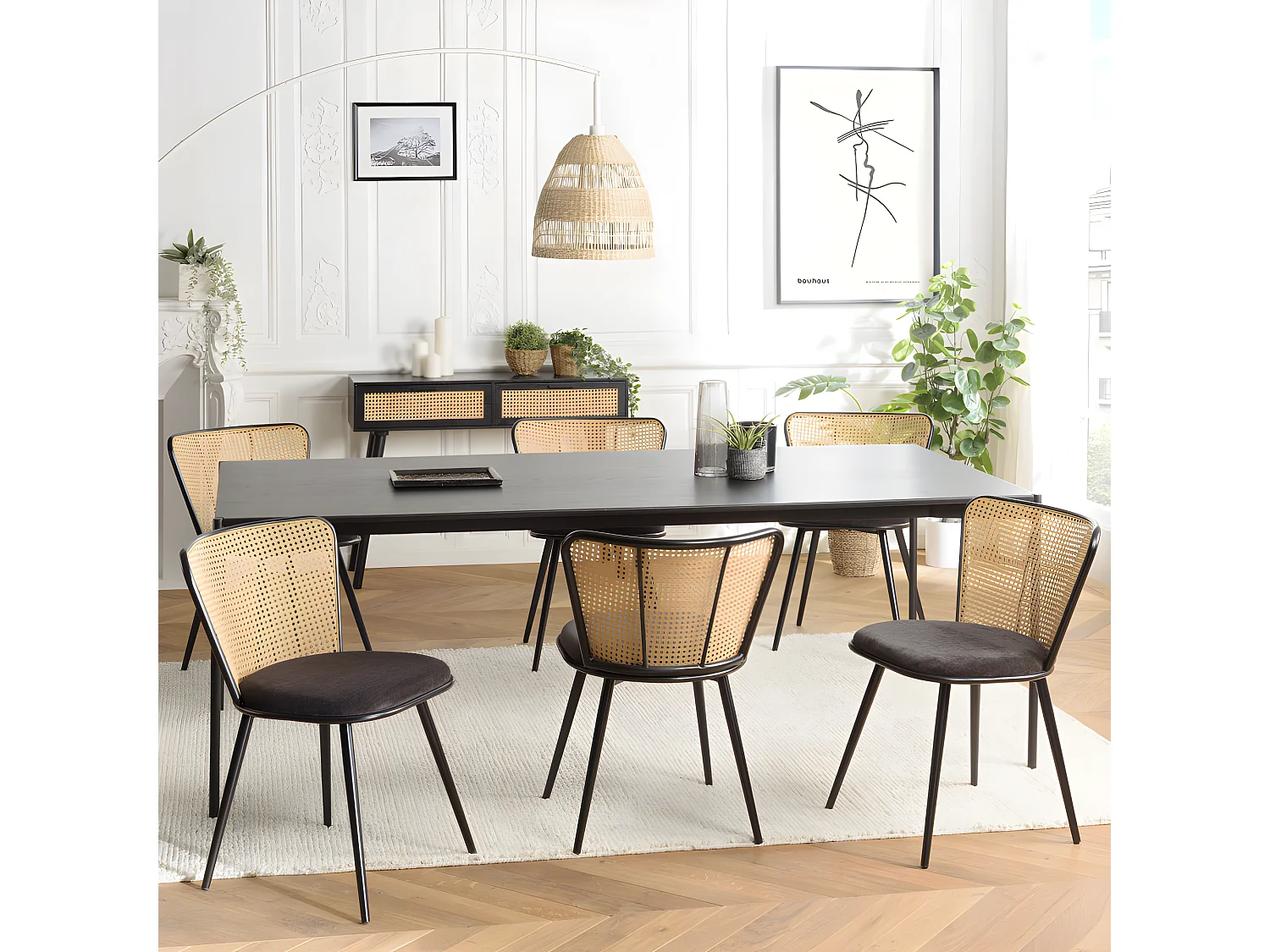 LEA - Lot de 2 chaises assise tissu noir large dossier effet cannage