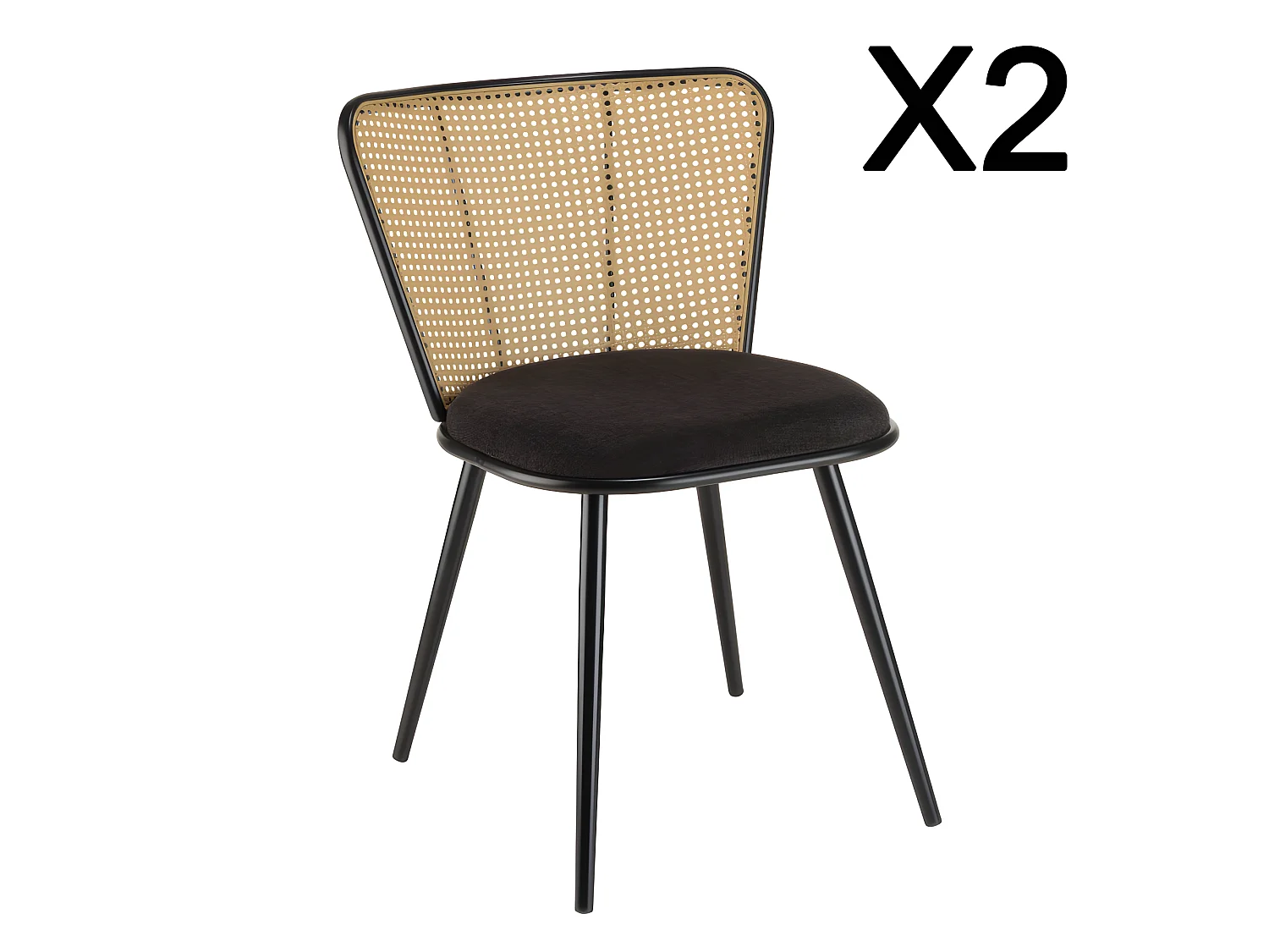 LEA - Lot de 2 chaises assise tissu noir large dossier effet cannage
