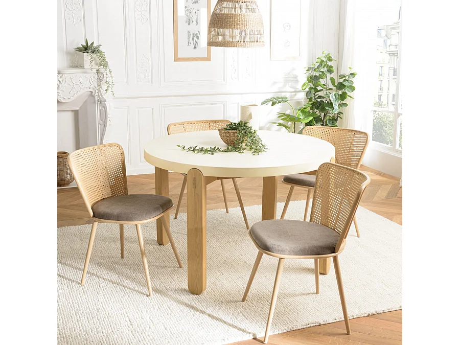 LEA - Lot de 2 chaises assise tissu taupe large dossier effet cannage