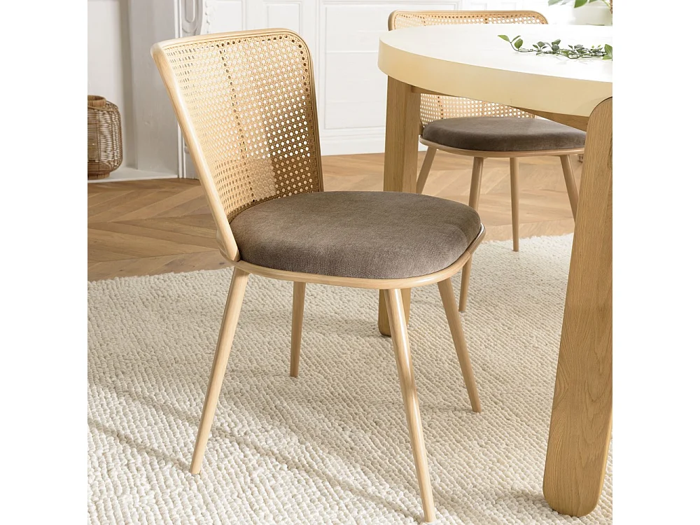 LEA - Lot de 2 chaises assise tissu taupe large dossier effet cannage