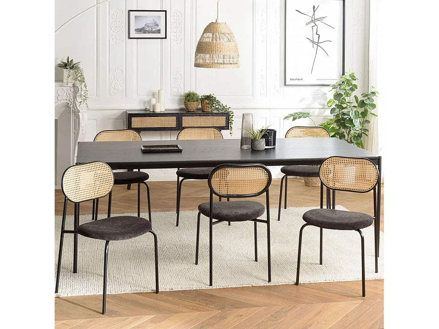 LEA - Lot de 2 chaises assise tissu noir dossier effet cannage