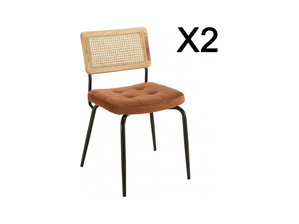 AGATHE- Lot de 2 chaises métal noir assise velours orange dossier rotin
