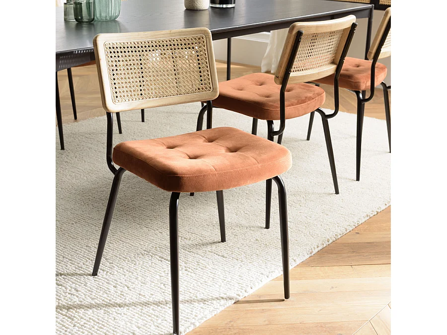 AGATHE - Lot de 2 chaises dossier rotin assise velours orange