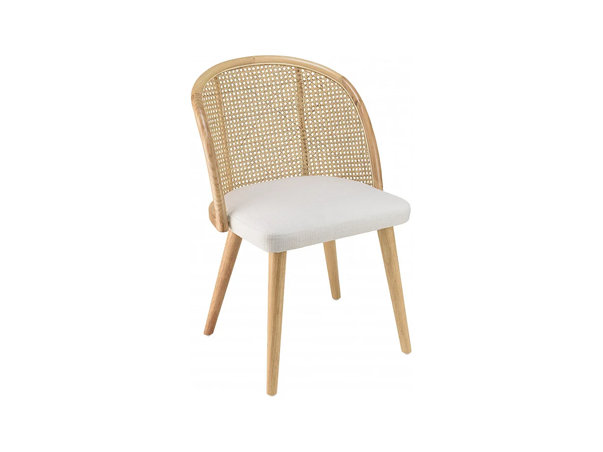 AGATHE - Chaise bois d'Hévéa assise tissu blanc dossier arrondi rotin
