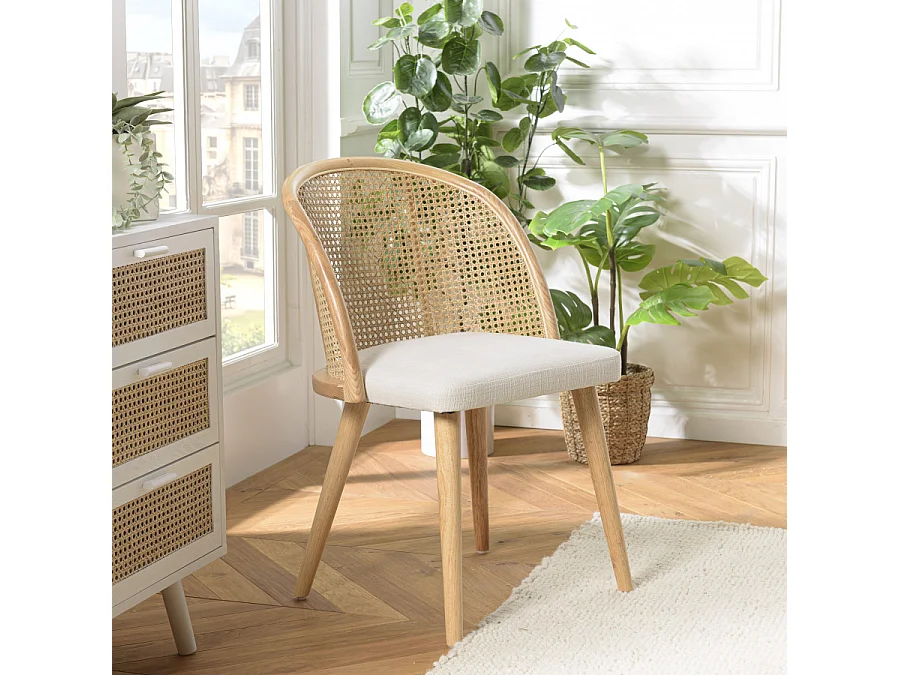 AGATHE - Chaise bois d'Hévéa dossier arrondi rotin assise tissu blanc