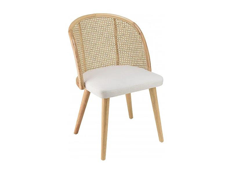 AGATHE - Chaise bois d'Hévéa dossier arrondi rotin assise tissu blanc