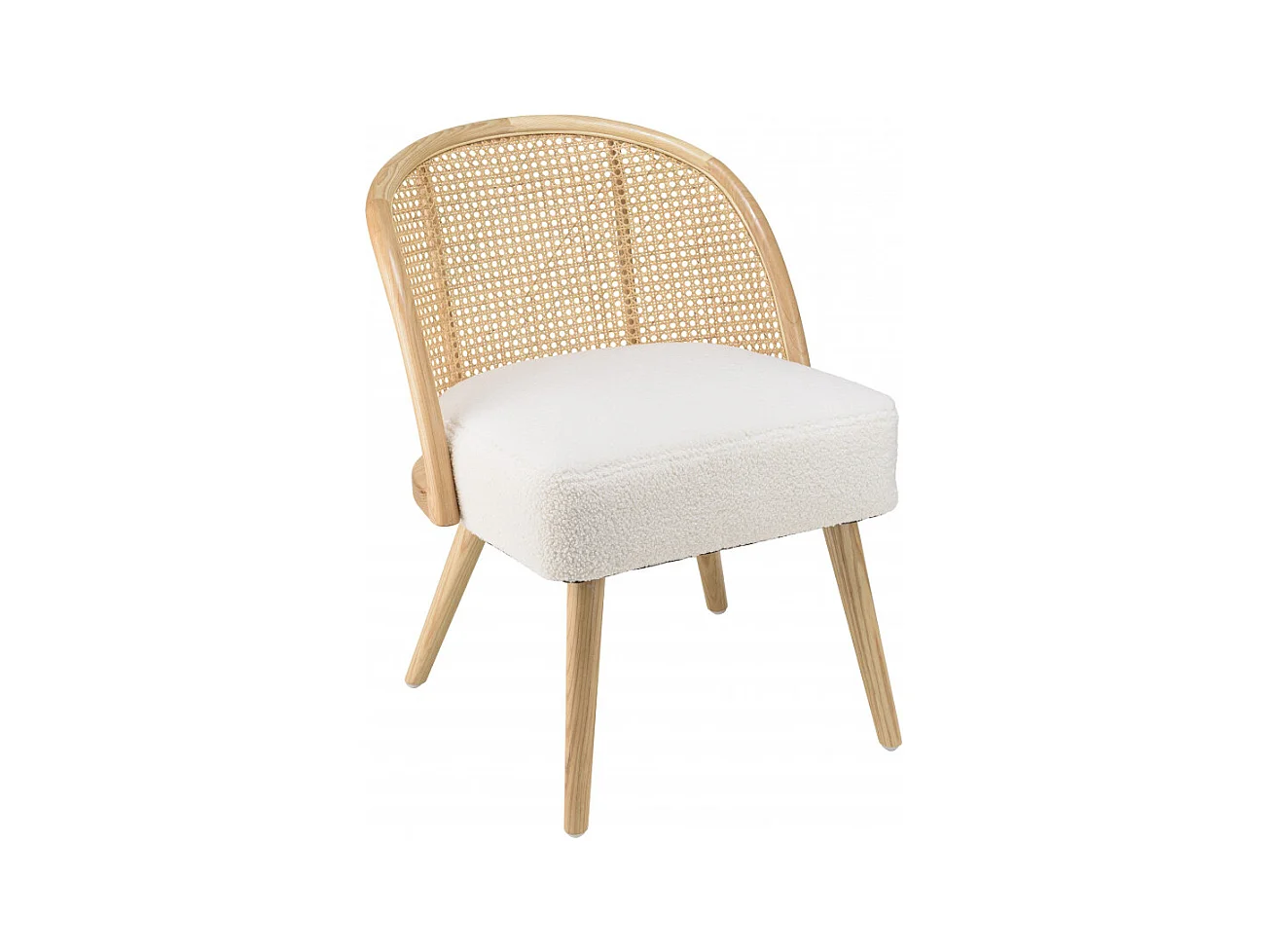 AGATHE- Chaise basse Hévéa assise tissu bouclette blanc dossier rotin