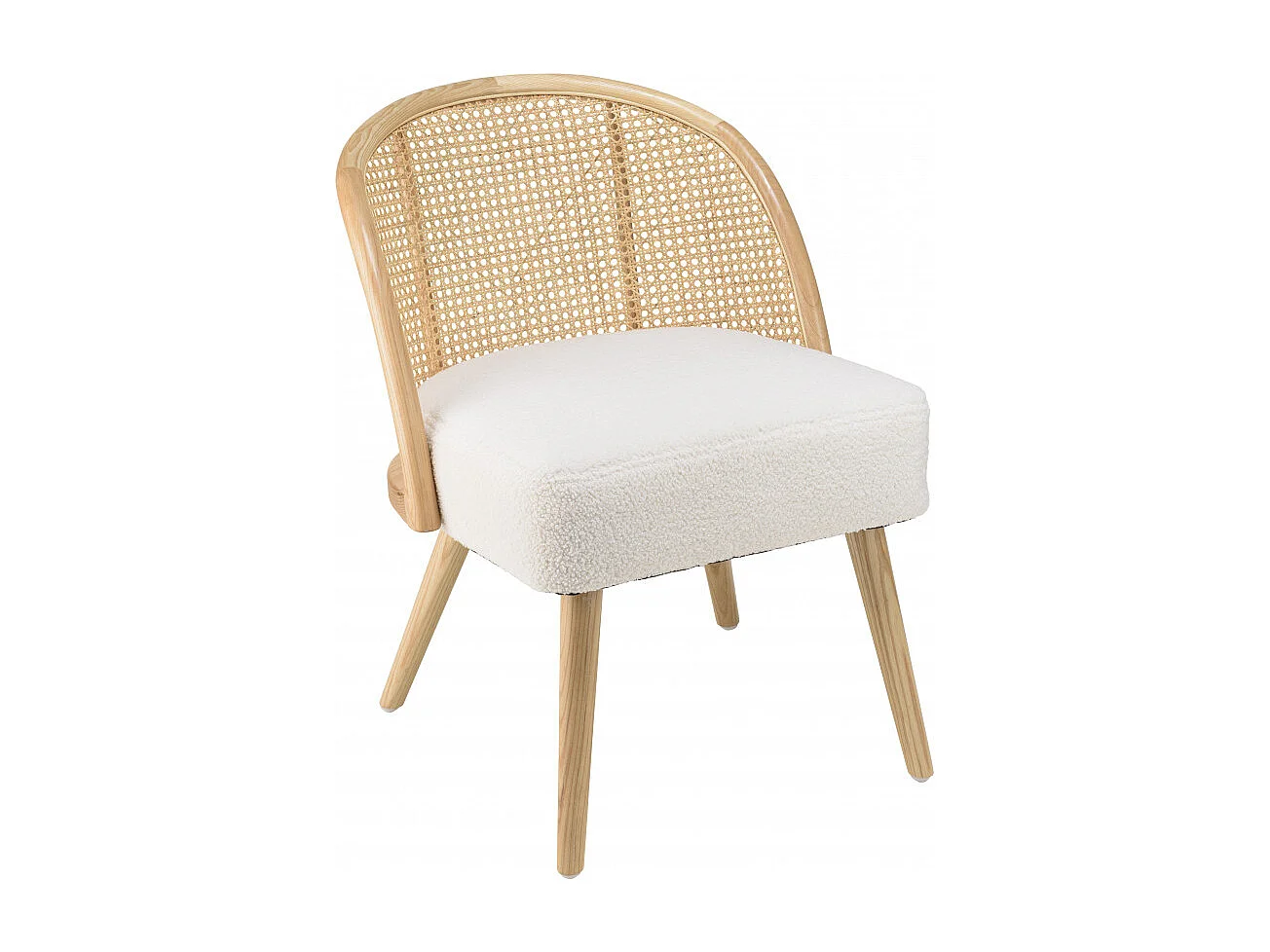AGATHE - Chaise basse Hévéa dossier rotin assise tissu bouclette blanc