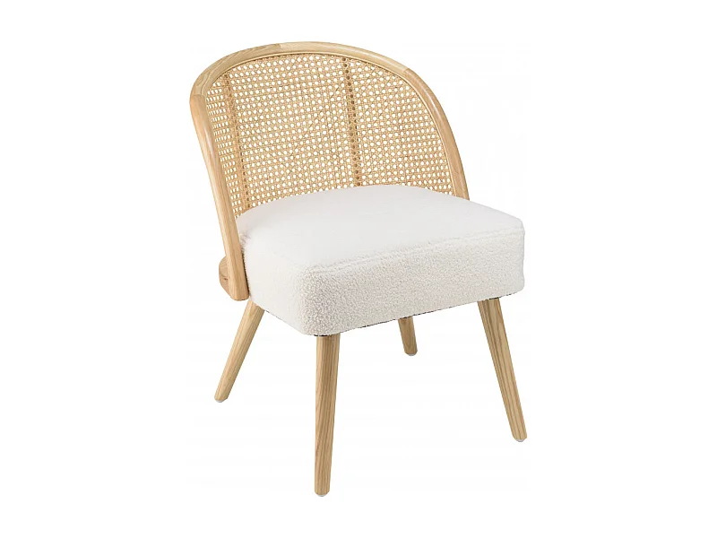 AGATHE - Chaise basse Hévéa dossier rotin assise tissu bouclette blanc