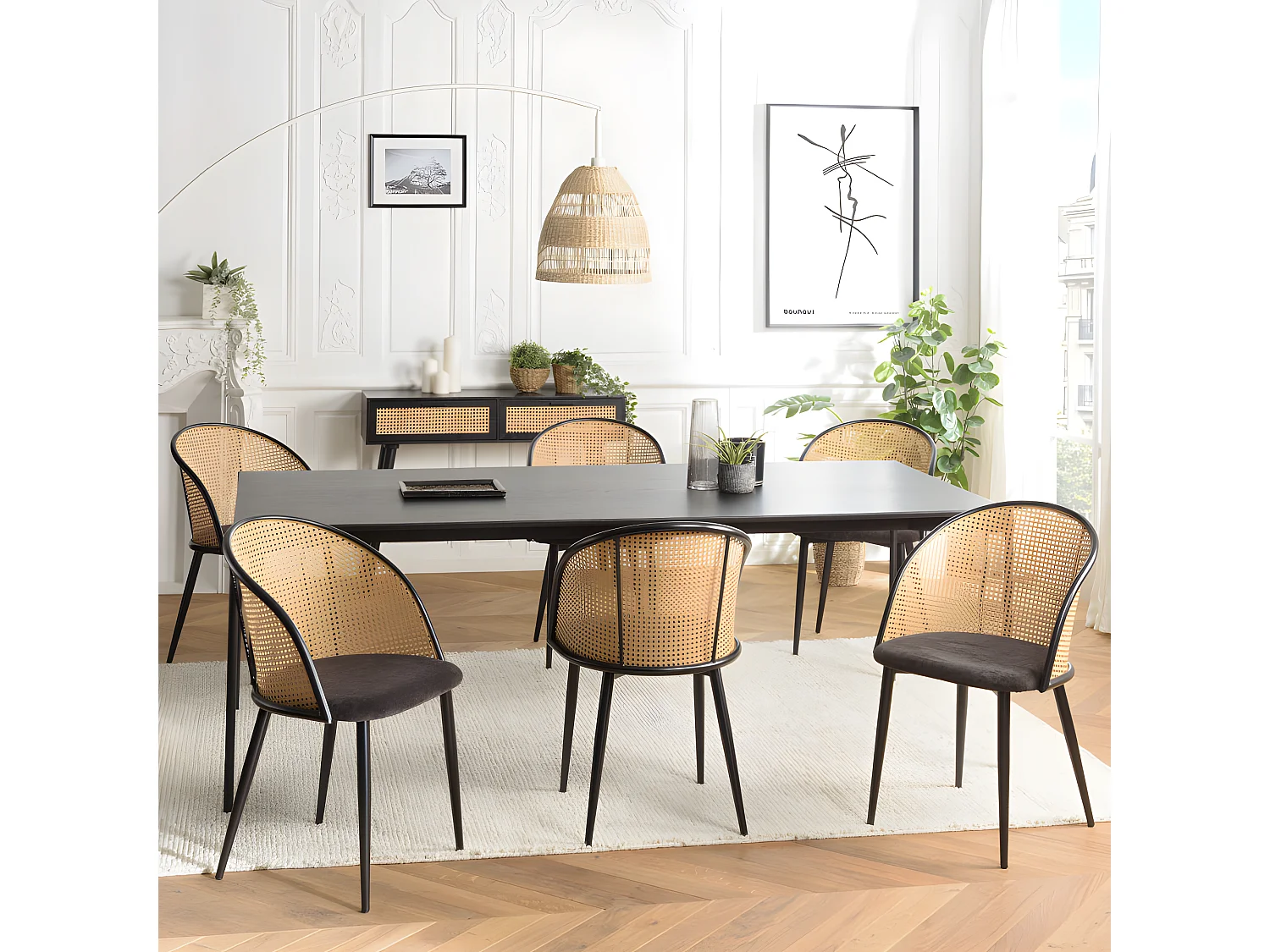 LEA - Lot de 2 fauteuils tissu noir dossier arrondi effet cannage