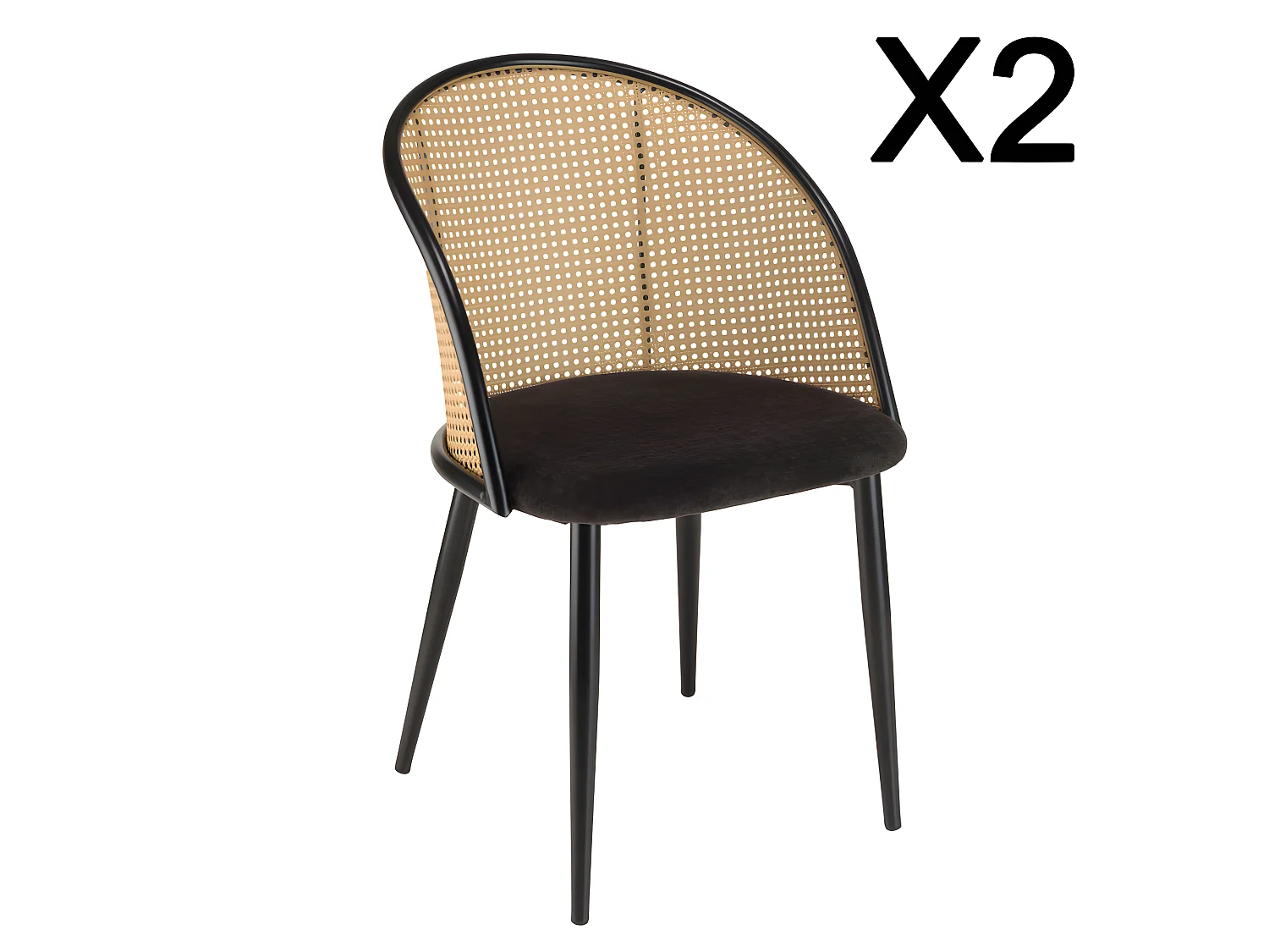 LEA - Lot de 2 fauteuils tissu noir dossier arrondi effet cannage
