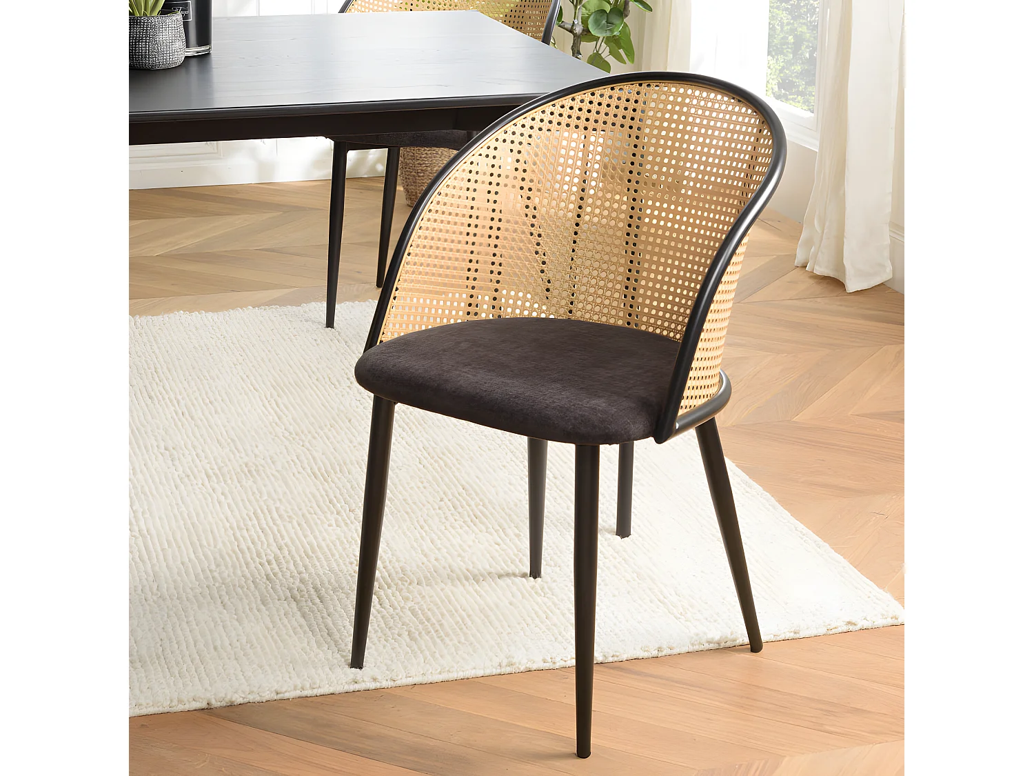 LEA - Lot de 2 fauteuils tissu noir dossier arrondi effet cannage