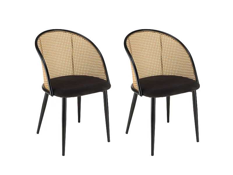 LEA - Lot de 2 fauteuils tissu noir dossier arrondi effet cannage