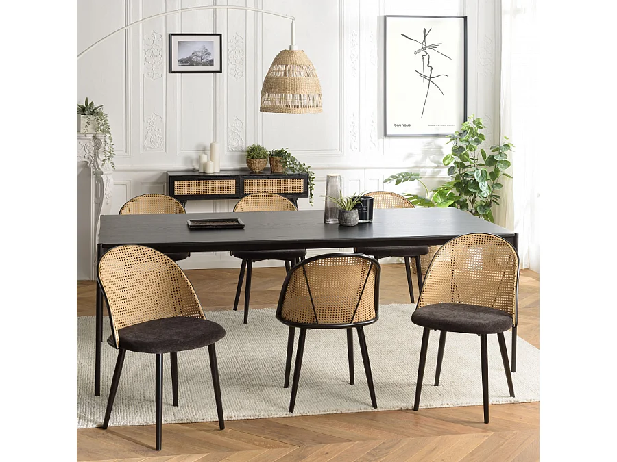 LEA - Lot de 2 chaises assise tissu noir dossier arrondi effet cannage