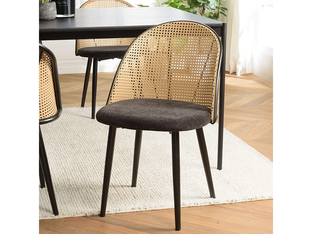 LEA - Lot de 2 chaises assise tissu noir dossier arrondi effet cannage