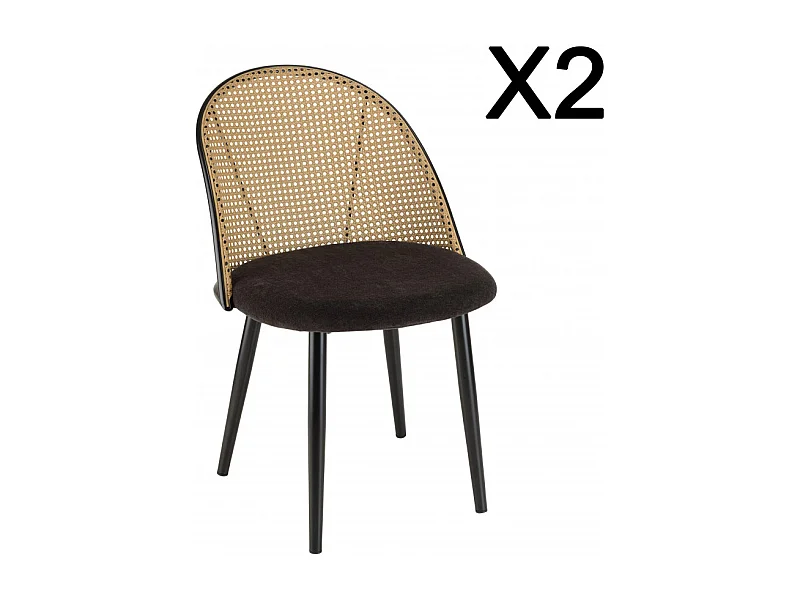 LEA - Lot de 2 chaises assise tissu noir dossier arrondi effet cannage