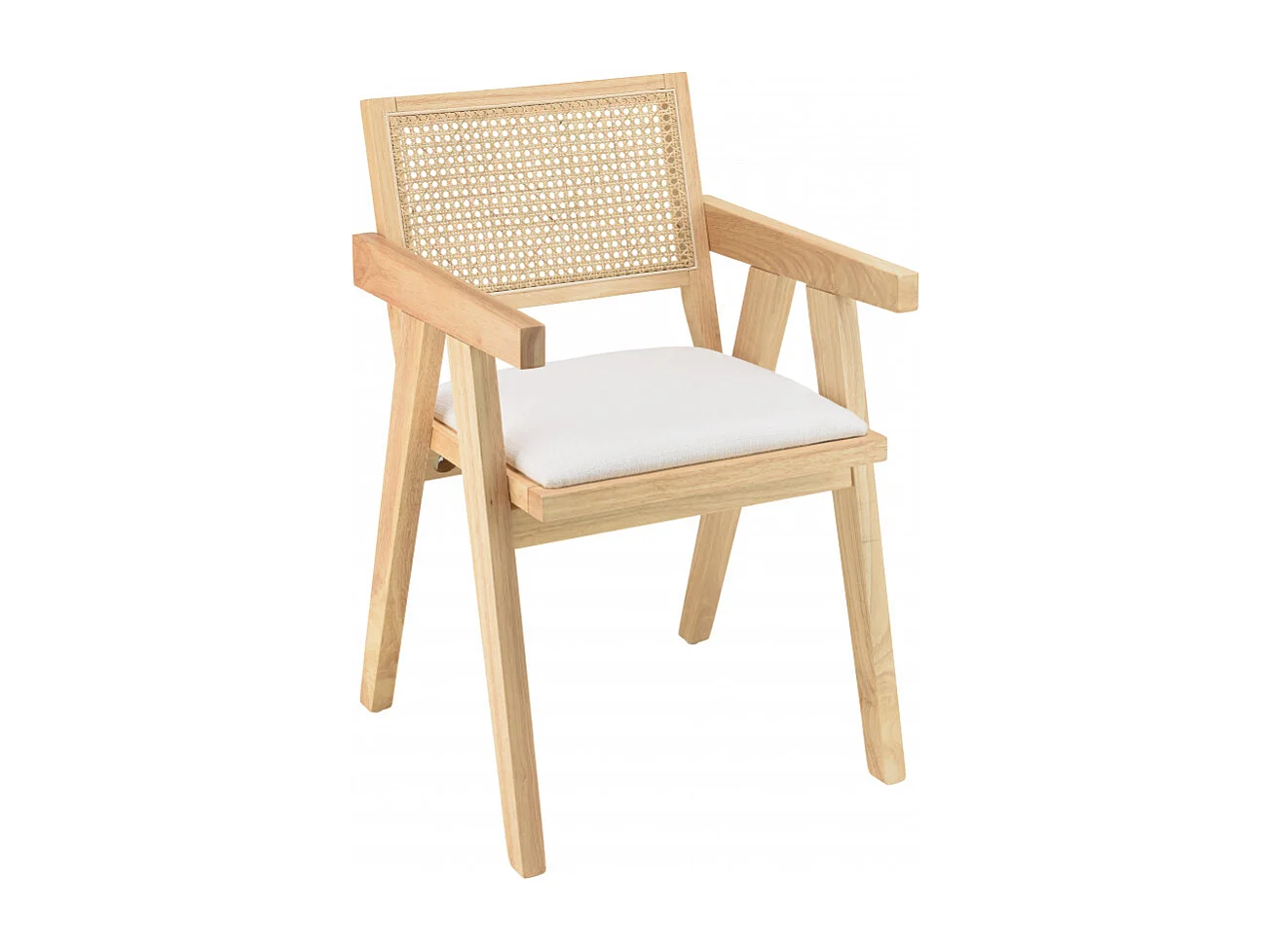 AGATHE - Fauteuil bois d'Hévéa dossier rotin naturel tissu blanc