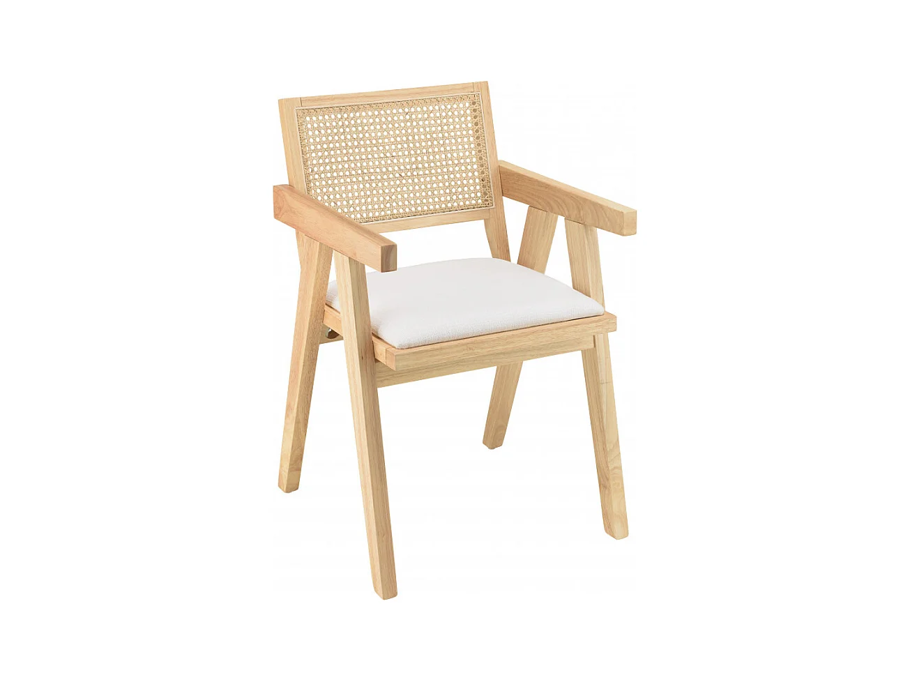AGATHE - Fauteuil bois d'Hévéa assise tissu blanc dossier rotin naturel
