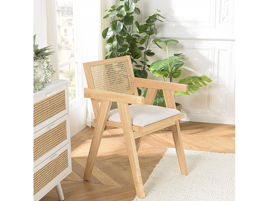 AGATHE - Fauteuil bois d'Hévéa dossier rotin naturel tissu blanc
