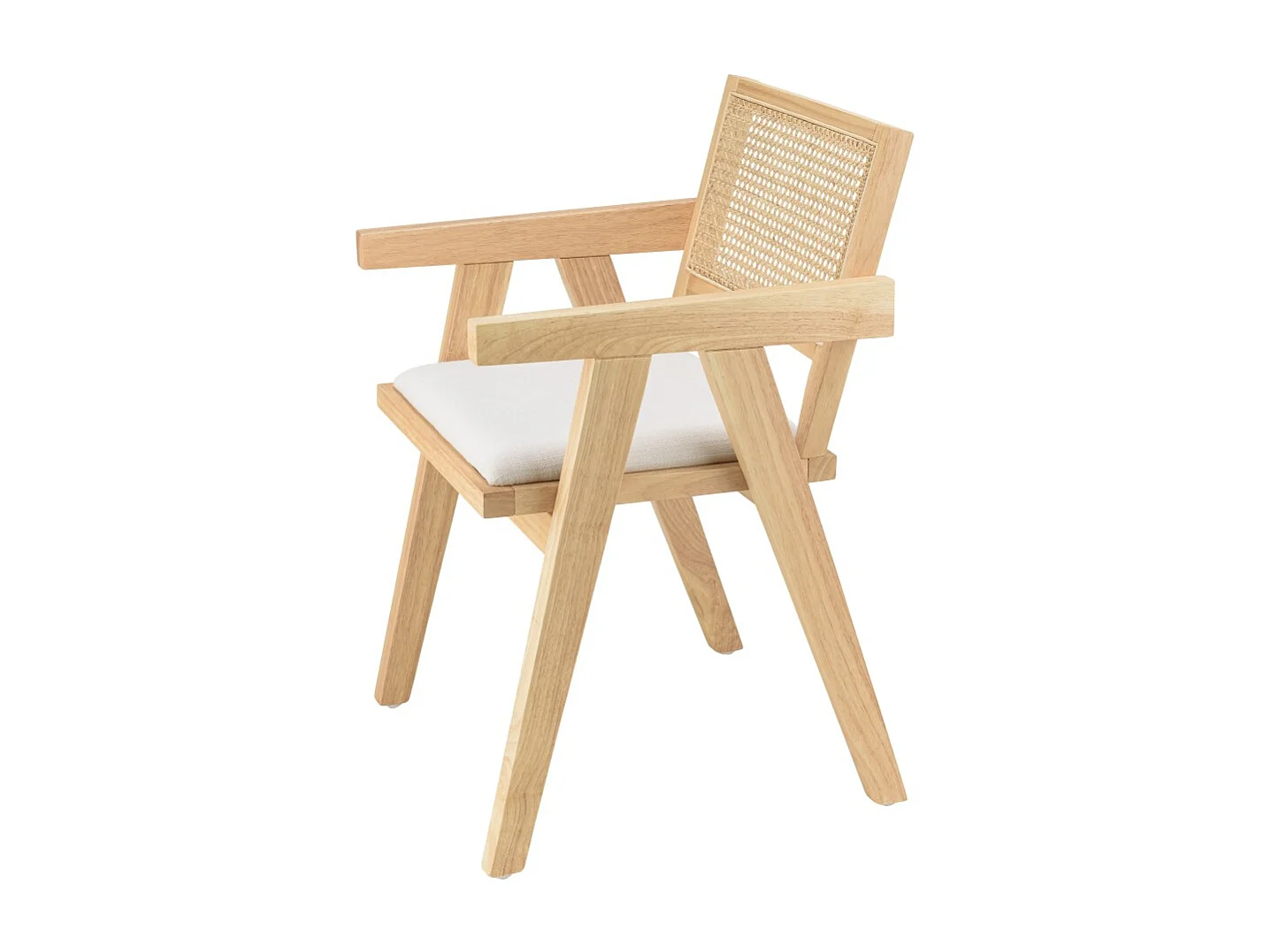 AGATHE - Fauteuil bois d'Hévéa dossier rotin naturel tissu blanc