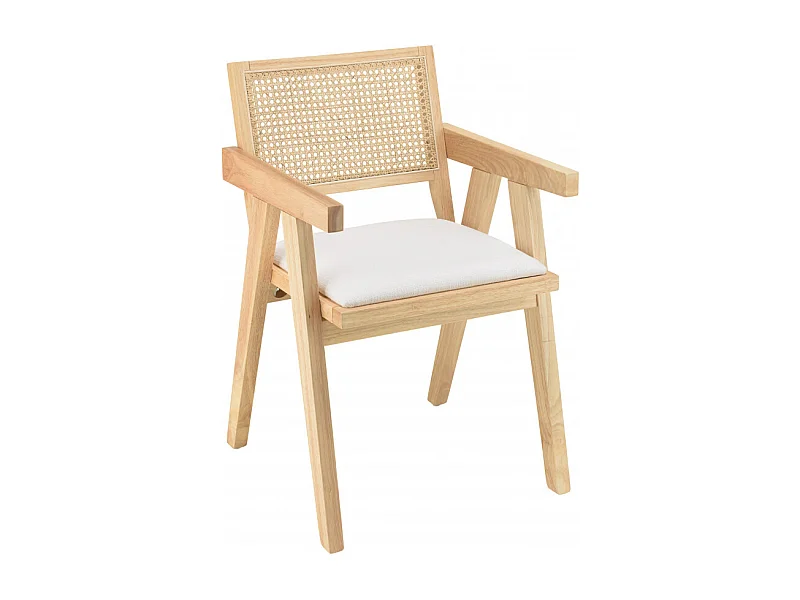 AGATHE - Fauteuil bois d'Hévéa dossier rotin naturel tissu blanc