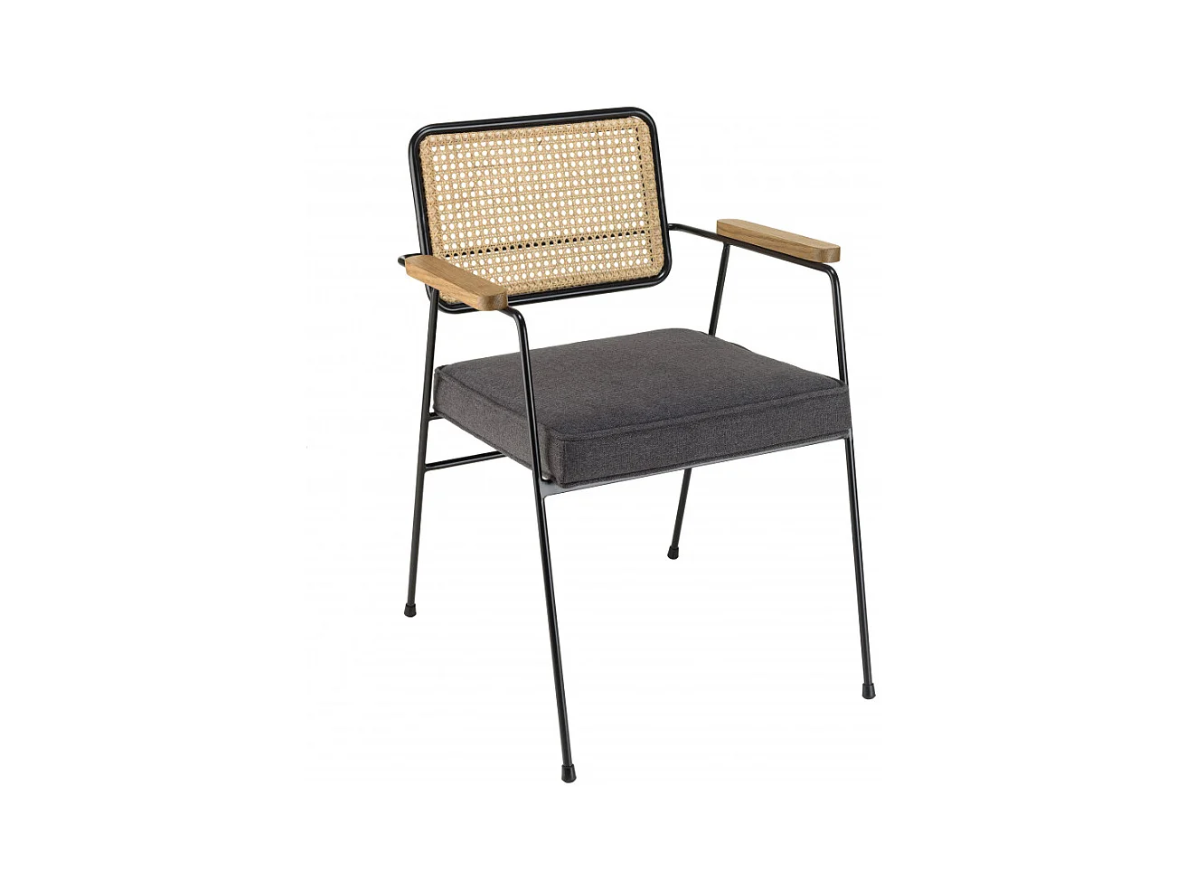 AGATHE - Fauteuil métal noir assise tissu gris foncé dossier rotin