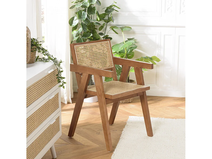 AGATHE - Fauteuil en bois d'Hévéa foncé dossier et assise rotin naturel