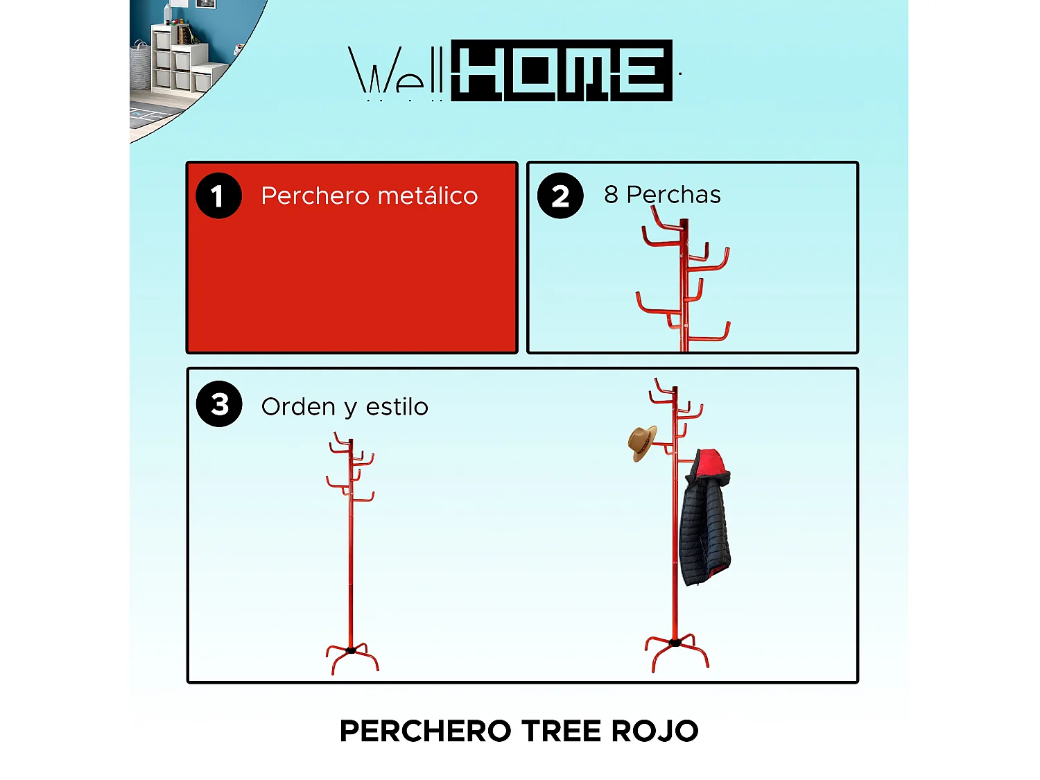 Porte-manteau en métal rouge avec 8 cintres, 50x50x183 cm