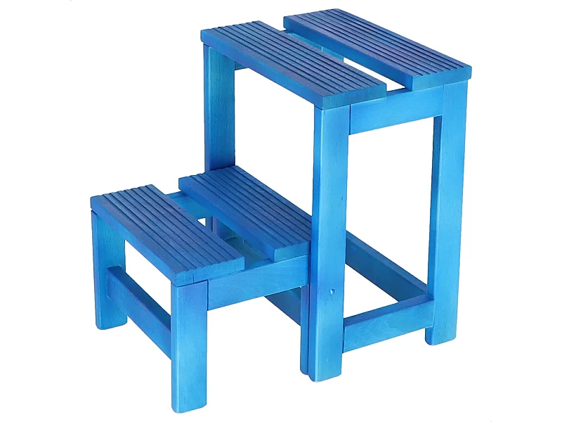 Tabouret échelle 2 marches en bois, finition bleue, 32x23x40 cm