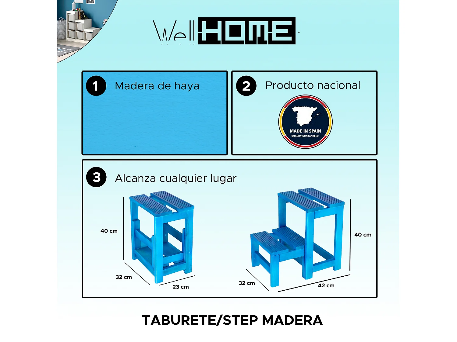 Tabouret échelle 2 marches en bois, finition bleue, 32x23x40 cm