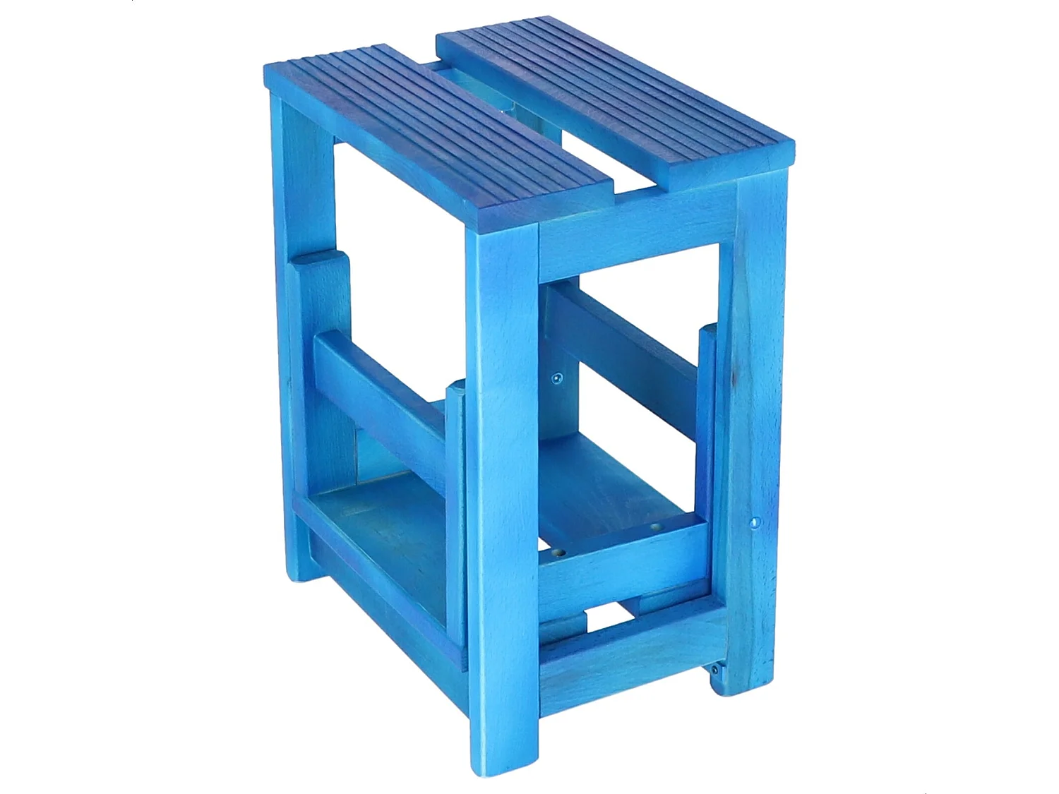 Tabouret échelle 2 marches en bois, finition bleue, 32x23x40 cm