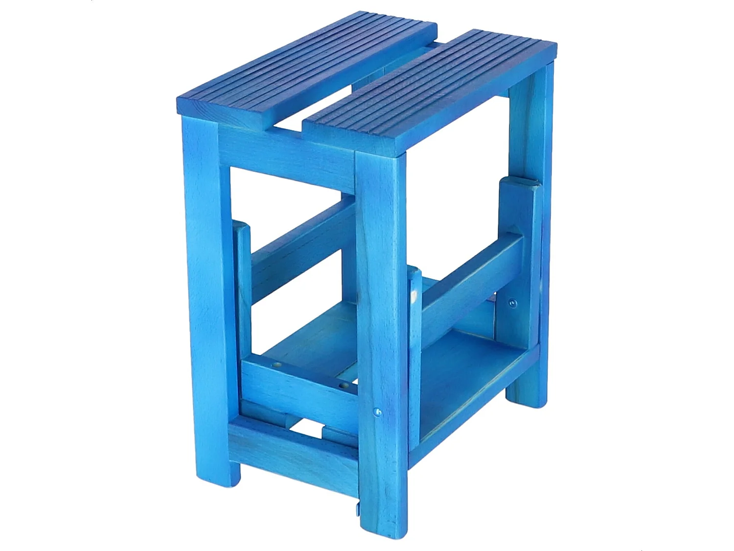 Tabouret échelle 2 marches en bois, finition bleue, 32x23x40 cm