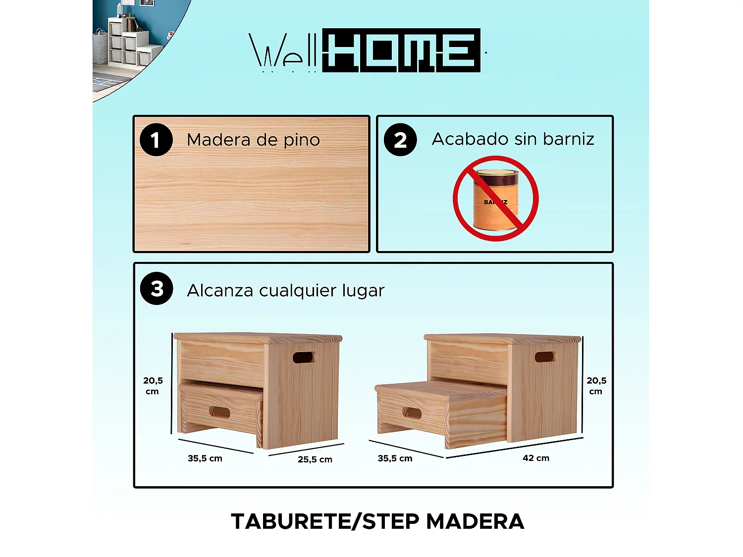 Tabouret à 2 marches, finition SANS vernis, 35x25x20 cm