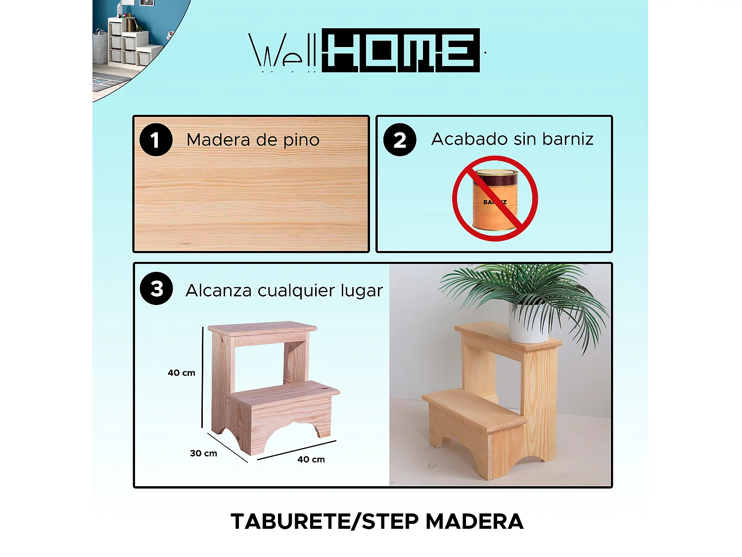 Tabouret ESCALON en bois, huilé, 40x30x40 cm