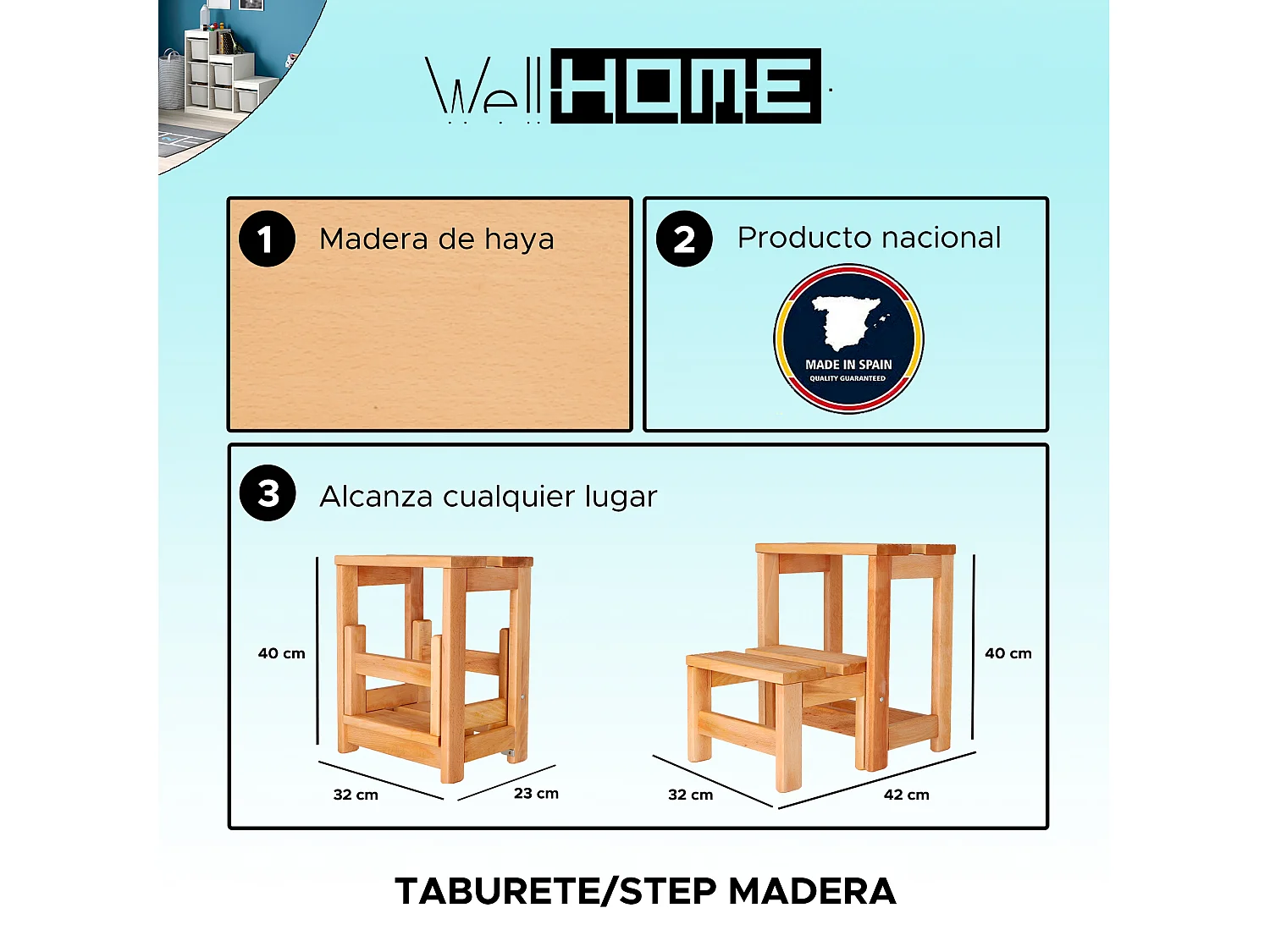 Tabouret échelle 2 marches en bois, huilé, 32x23x40 cm