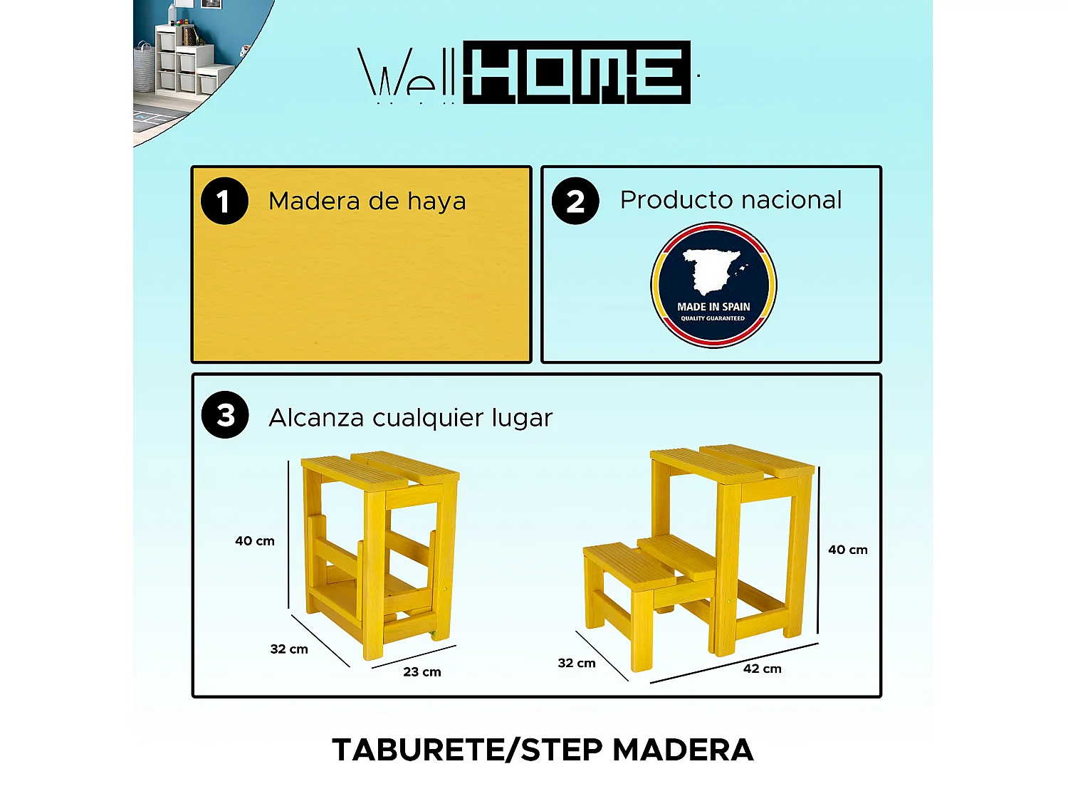Tabouret échelle 2 marches en bois, finition jaune, 32x23x40 cm