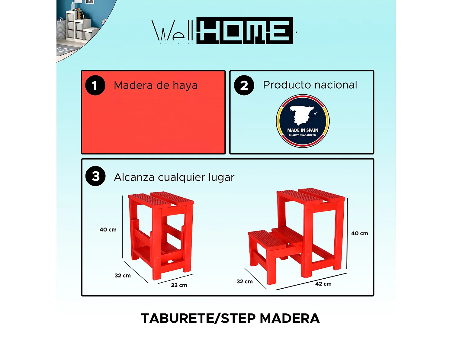 Tabouret échelle 2 marches en bois, finition rouge, 32x23x40 cm