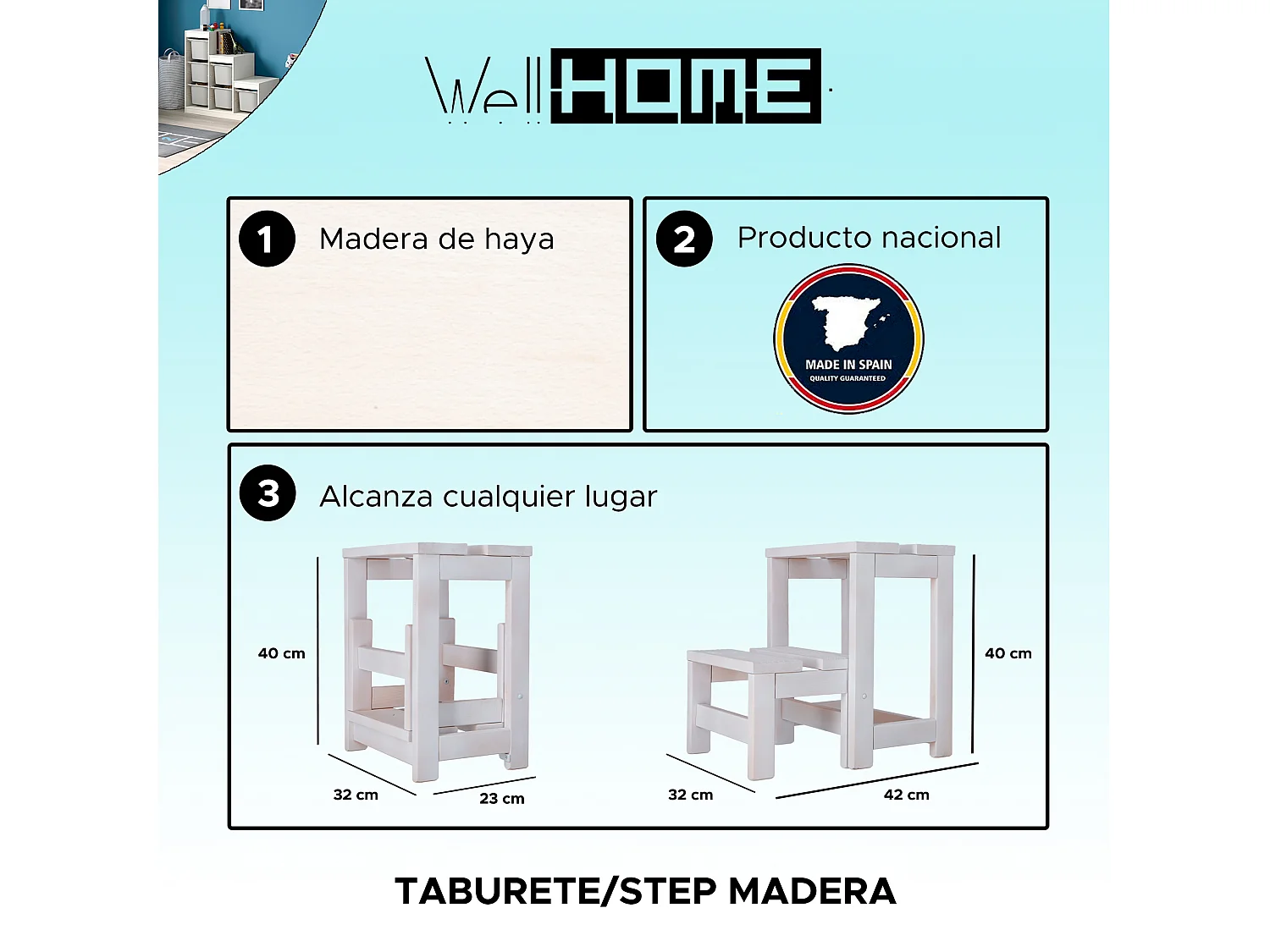Tabouret échelle 2 marches en bois, finition blanche, 32x23x40 cm