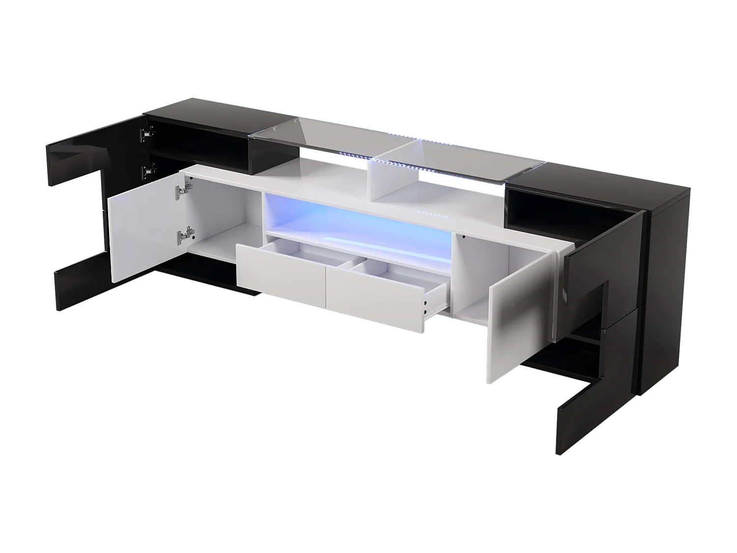 Mobile TV in legno da 2 m con 2 cassetti e 2 ripiani aperti - bianco e nero