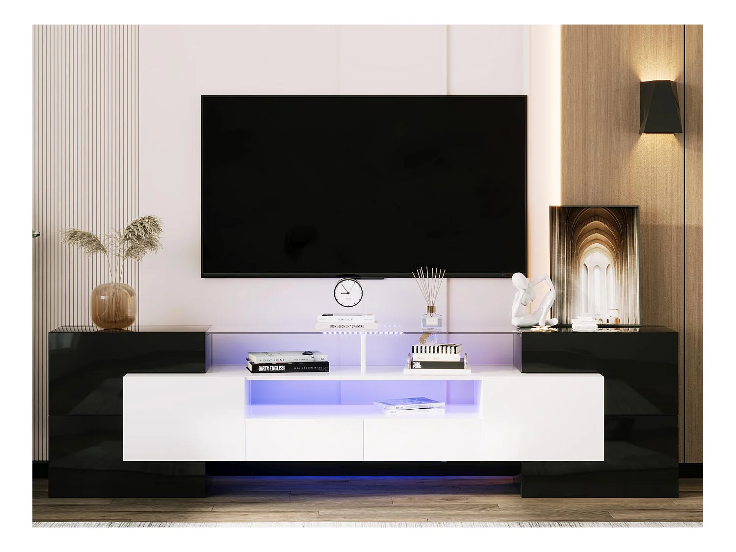 Meuble TV 2m en bois avec 2 tiroirs et 2 étagères ouvertes - Noir & Blanc