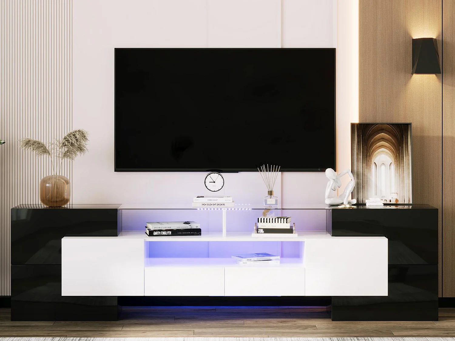 Meuble TV 2m en bois avec 2 tiroirs et 2 étagères ouvertes - Noir & Blanc