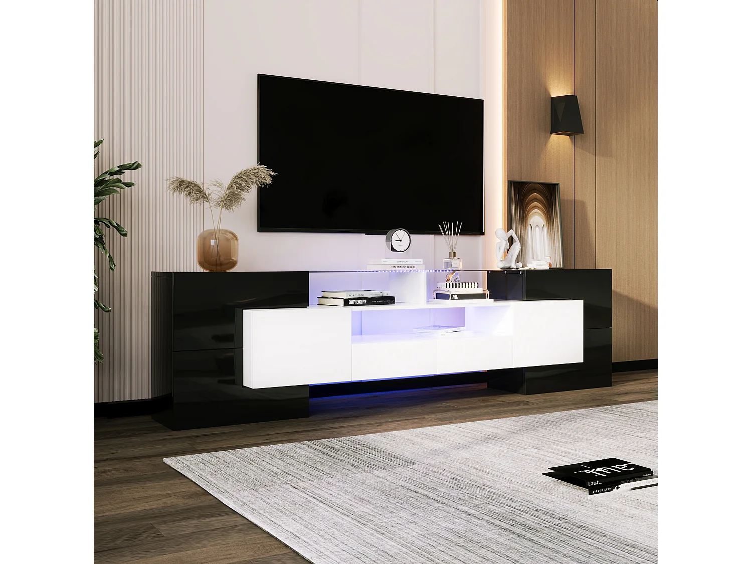 Meuble TV 2m en bois avec 2 tiroirs et 2 étagères ouvertes - Noir & Blanc