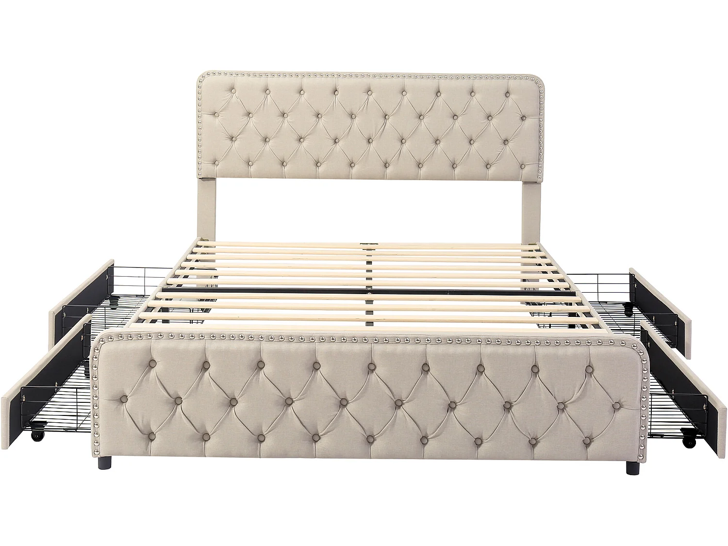 Lit adulte capitonné 160x200cm avec 4 tiroirs - tissu en lin - avec tête de lit réglable et sommier à lattes - Beige