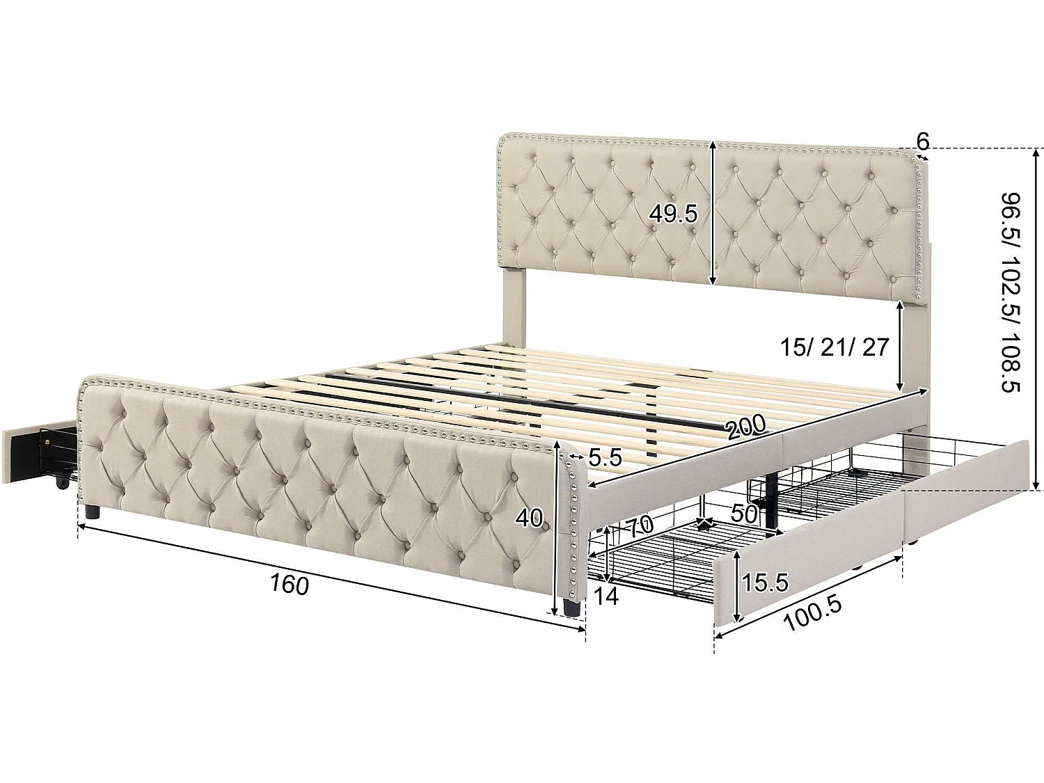 Lit adulte capitonné 160x200cm avec 4 tiroirs - tissu en lin - avec tête de lit réglable et sommier à lattes - Beige